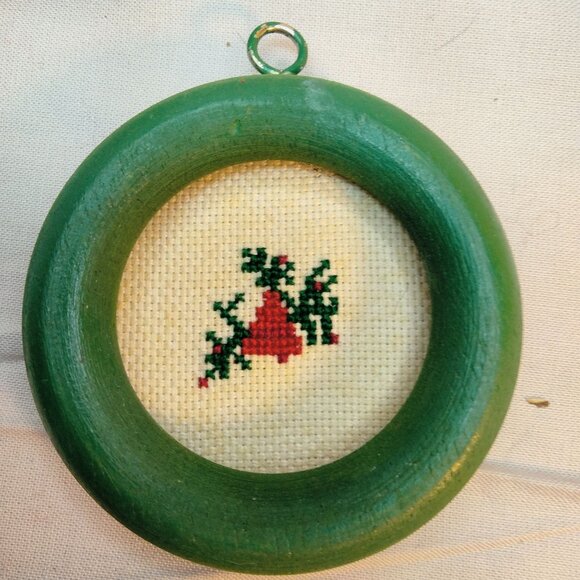 Cross Stitch Christmas Bell Ornament Handcrafted Green Framed - Picture 1 of 3